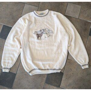 Vintage 90s R&R Deer Sweater Men's M Mountain Embroidered Cream Knit Grandpa Med
